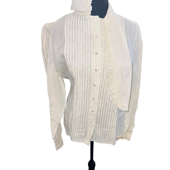 Vintage Gloria Sachs Prairie Peasant 80s White Pleated Lace Cotton Blouse 10 - Picture 7 of 14